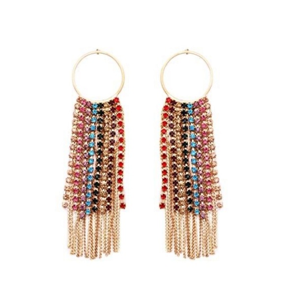 Noir Waterfall Earrings Multi Color Gold Circle Fringe Crystal Rhinestone Dangle - Picture 1 of 4